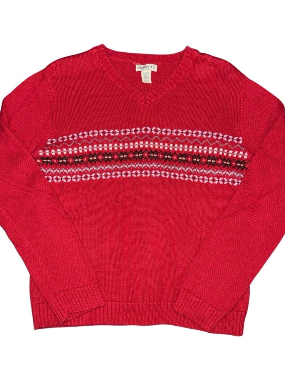 Vintage 90s Aeropostale Red Knit Sweater Fair Isle Pattern V Neck Women’s XL